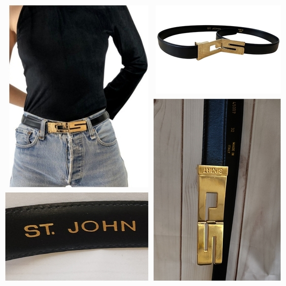 Vintage 80s St. John Sport‎ Black Leather Buckle Belt